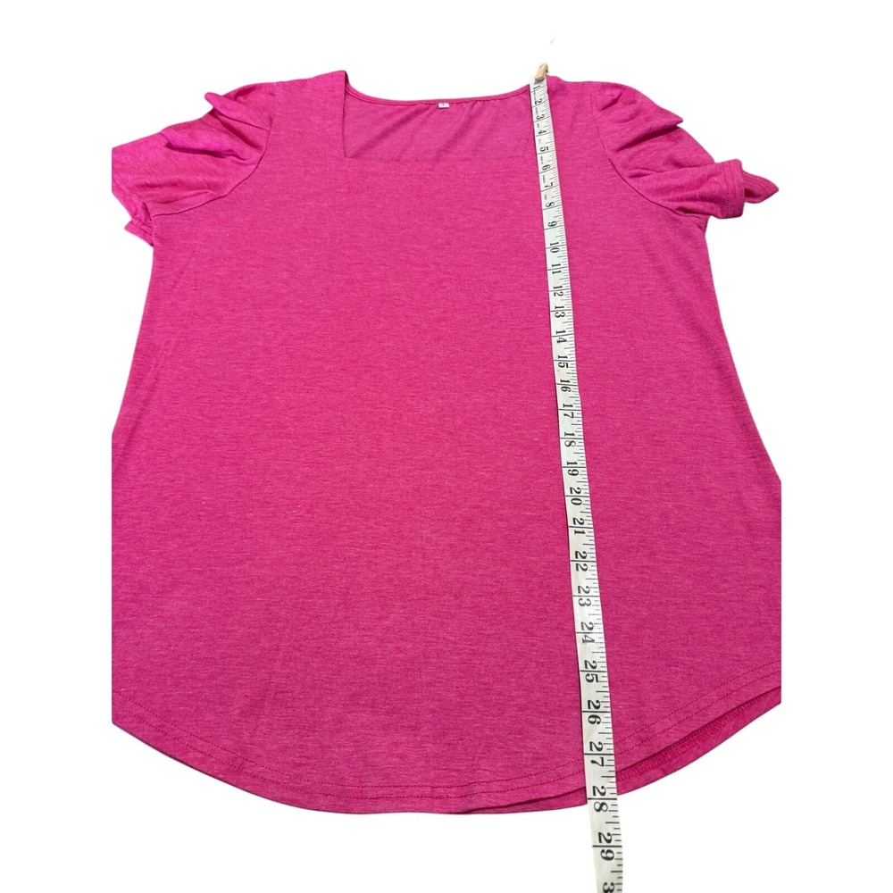 Pink Square Neck Puff Sleeve Top Heathered Pleated Short Sleeve Blouse Large - Picture 6 of 8